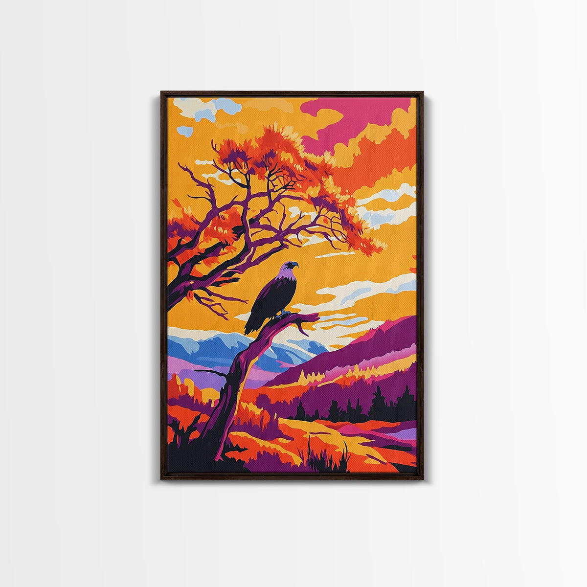 Vibrant Eagle, autumn colors, orange sunset, bold wall art, wildlife art, rustic decor, framed canvas print, mountain painting
