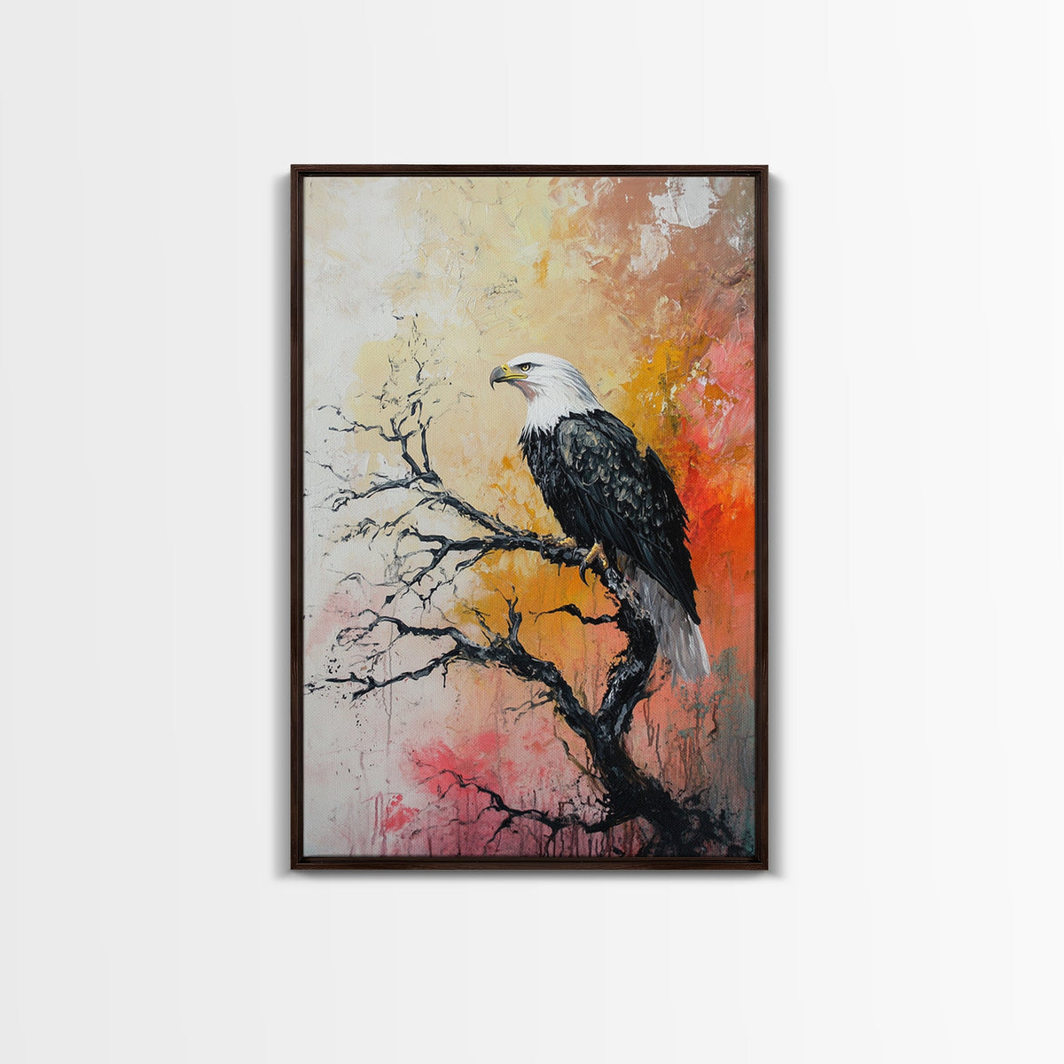 Eagle on Branch, textured painting, wildlife wall art, rustic art, autumn colors, farmhouse decor, framed canvas print, bird art