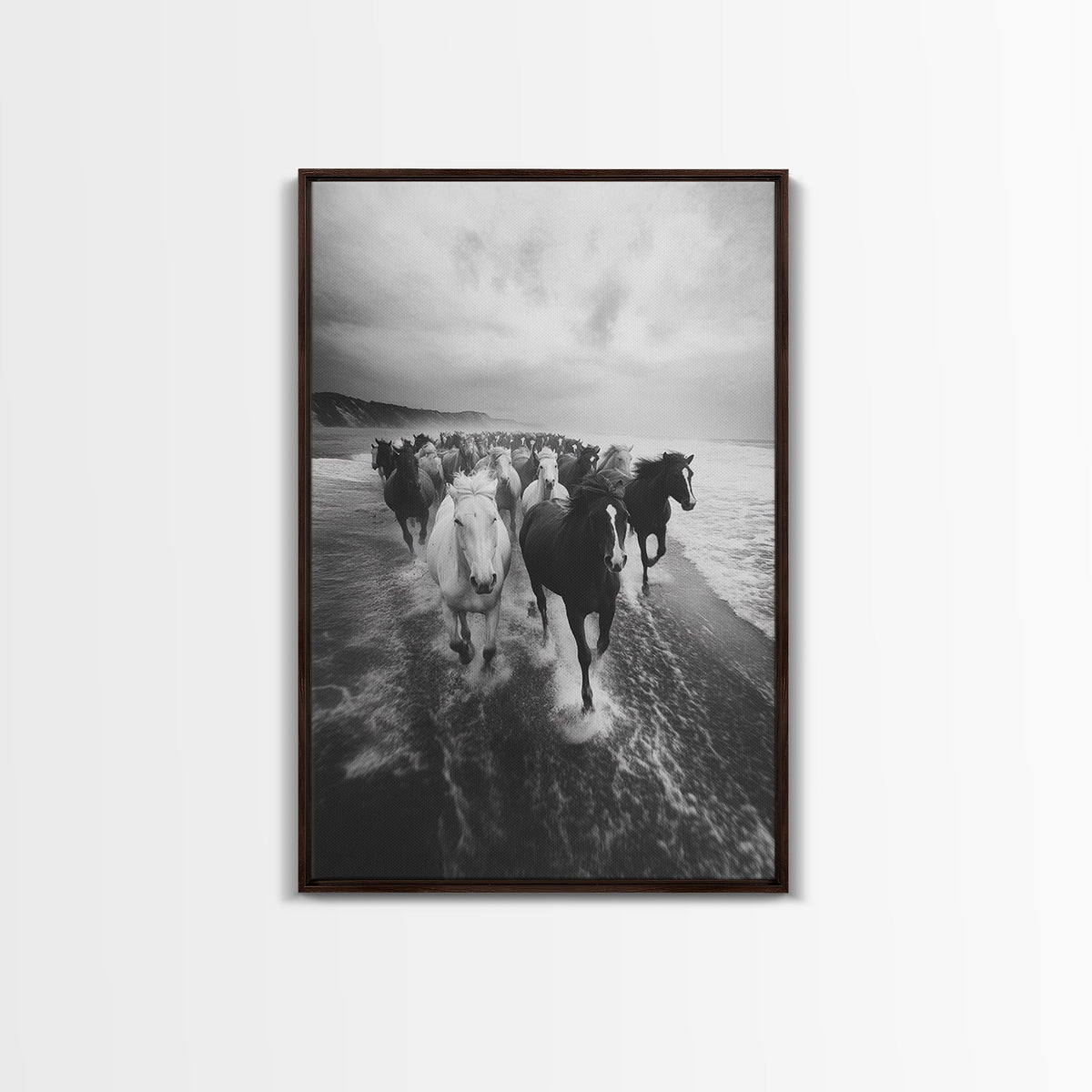 Horse wall art, wild mustangs, moody art, rustic decor, nature photography, black and white art, panoramic art, canvas print, living room art