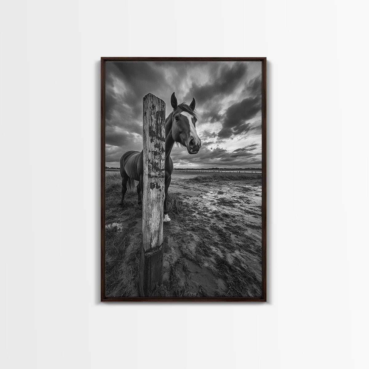 Horse wall art, vintage horse art, rustic decor, black and white photography, moody art, extra wide art, framed canvas print, farmhouse art