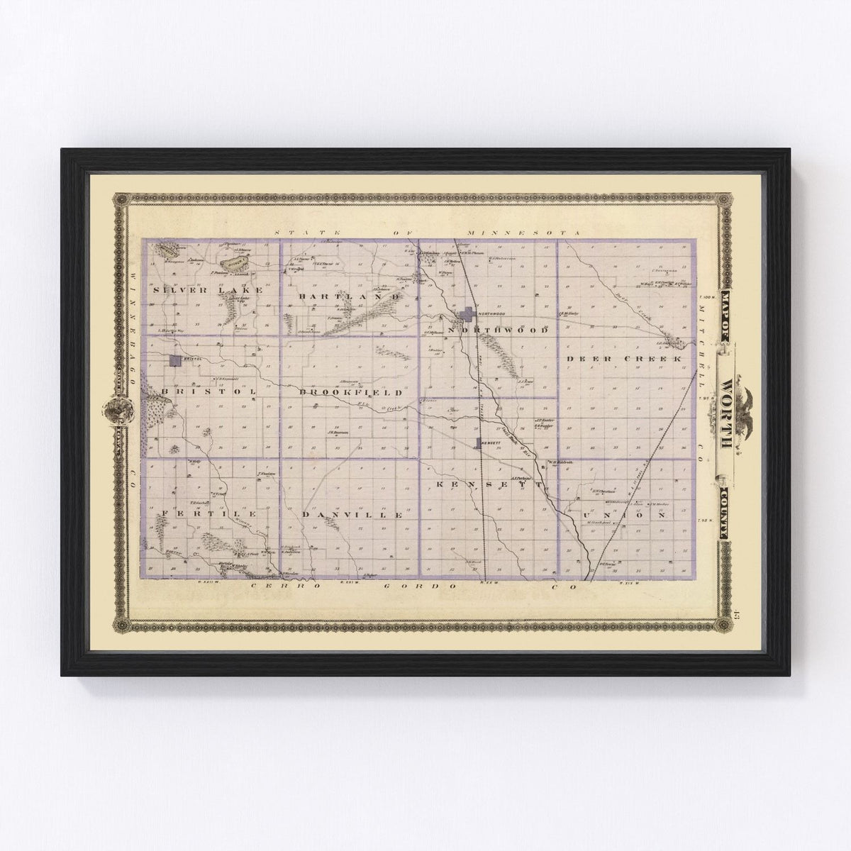 Vintage Map of Worth County, Iowa 1875