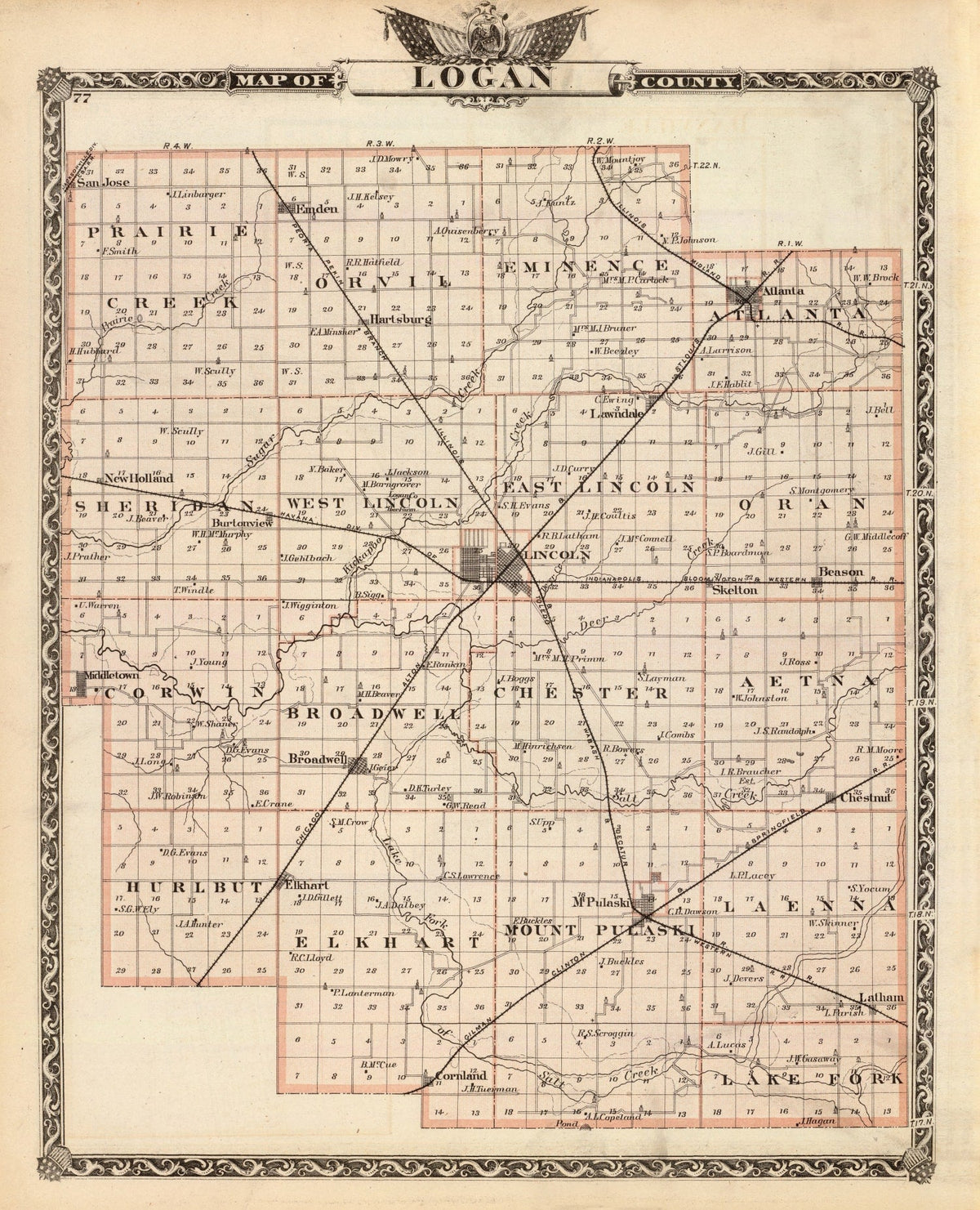 Vintage Map of Logan County, Illinois 1876