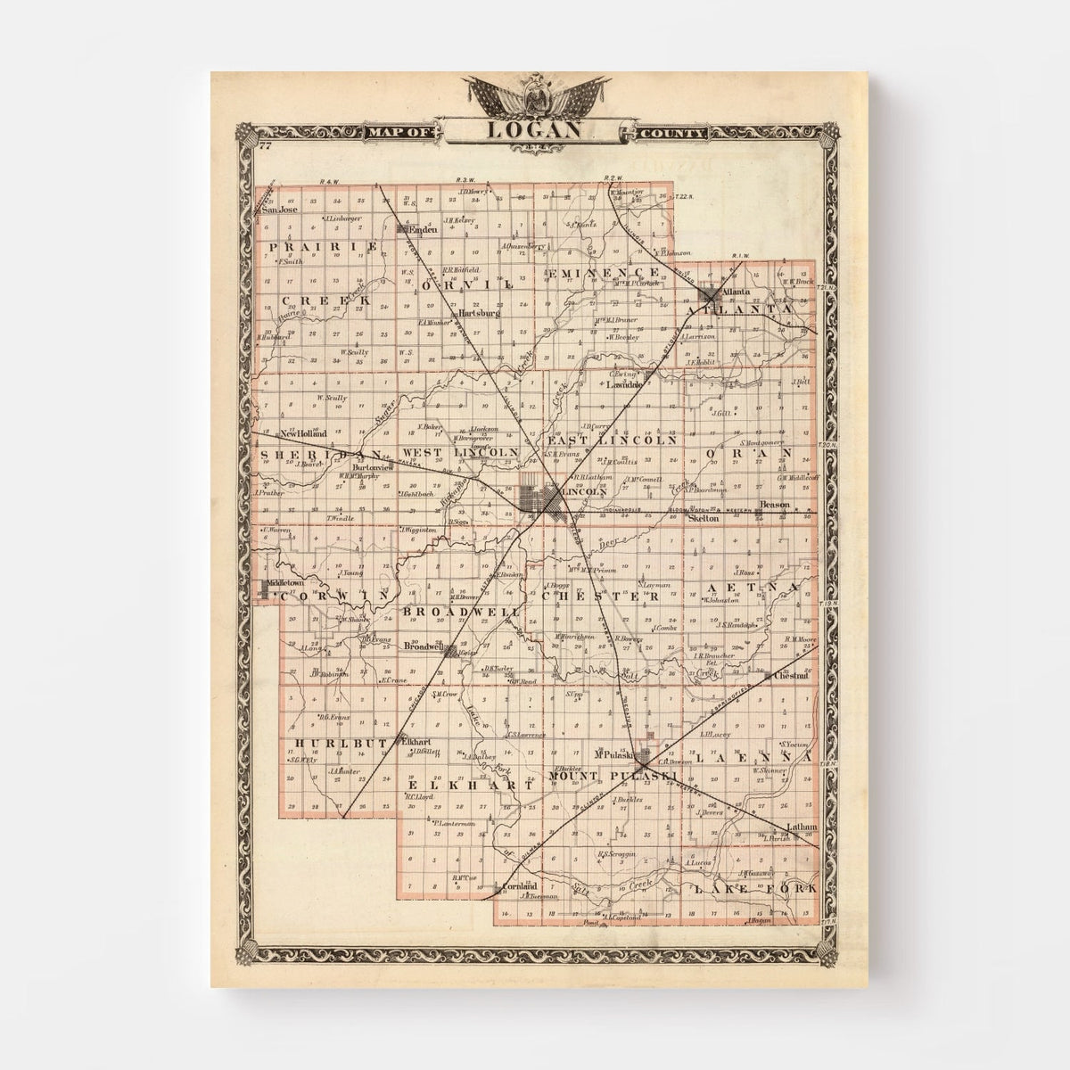 Vintage Map of Logan County, Illinois 1876
