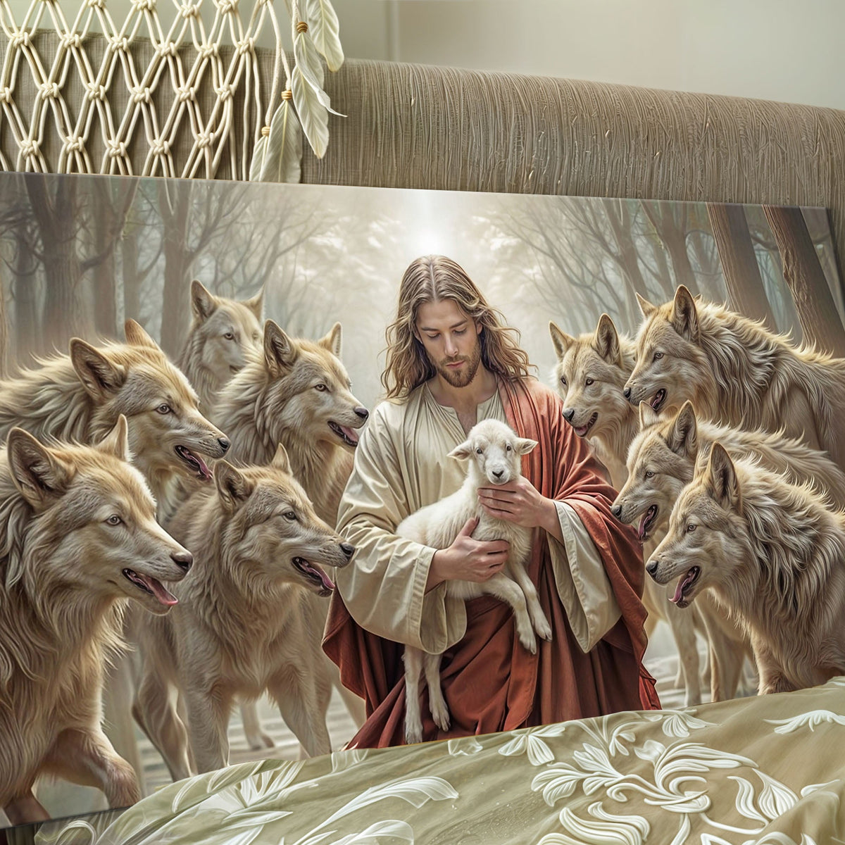 Jesus Protects The Lamb From Wolves Faith Wall Art II