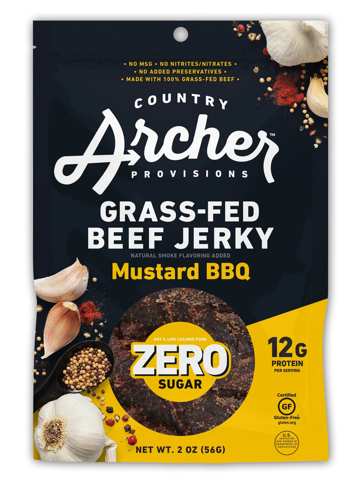 Country Archer Zero Sugar Mustard BBQ Beef Jerky, 2 oz (Case of 12)