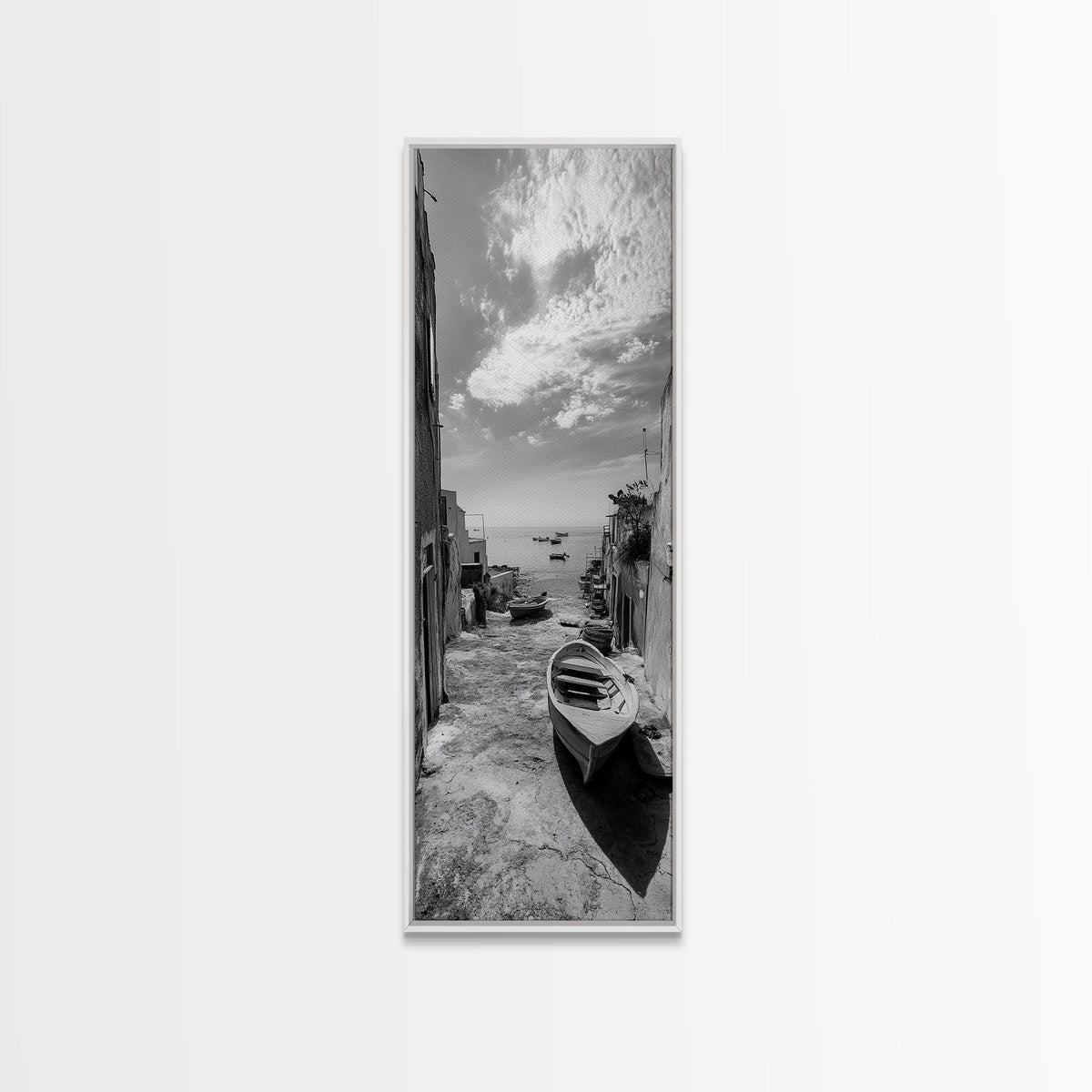 Coastal Village, Boat Alley, Mediterranean Mood, Canvas Print, Rustic travel wall art, Living room vintage print, Seaside nautical decor
