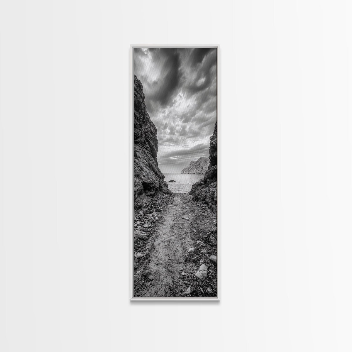 Rocky Pathway, Seaside Trail, Cloudy Horizon, Framed Canvas Print, Moody Coastal Wall Art, Nature Inspired, Monochrome Travel Decor