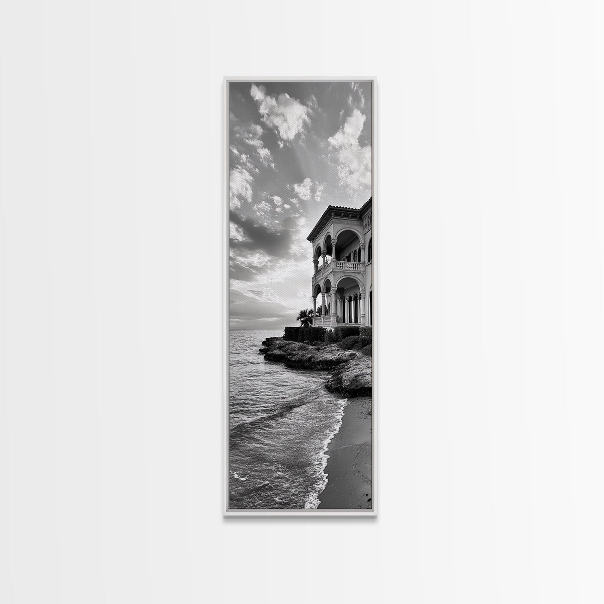Italian Villa Coast, Seaside Architecture Print, Elegant Travel Decor, Framed Canvas Print, Dining Room Wall Art, Monochrome