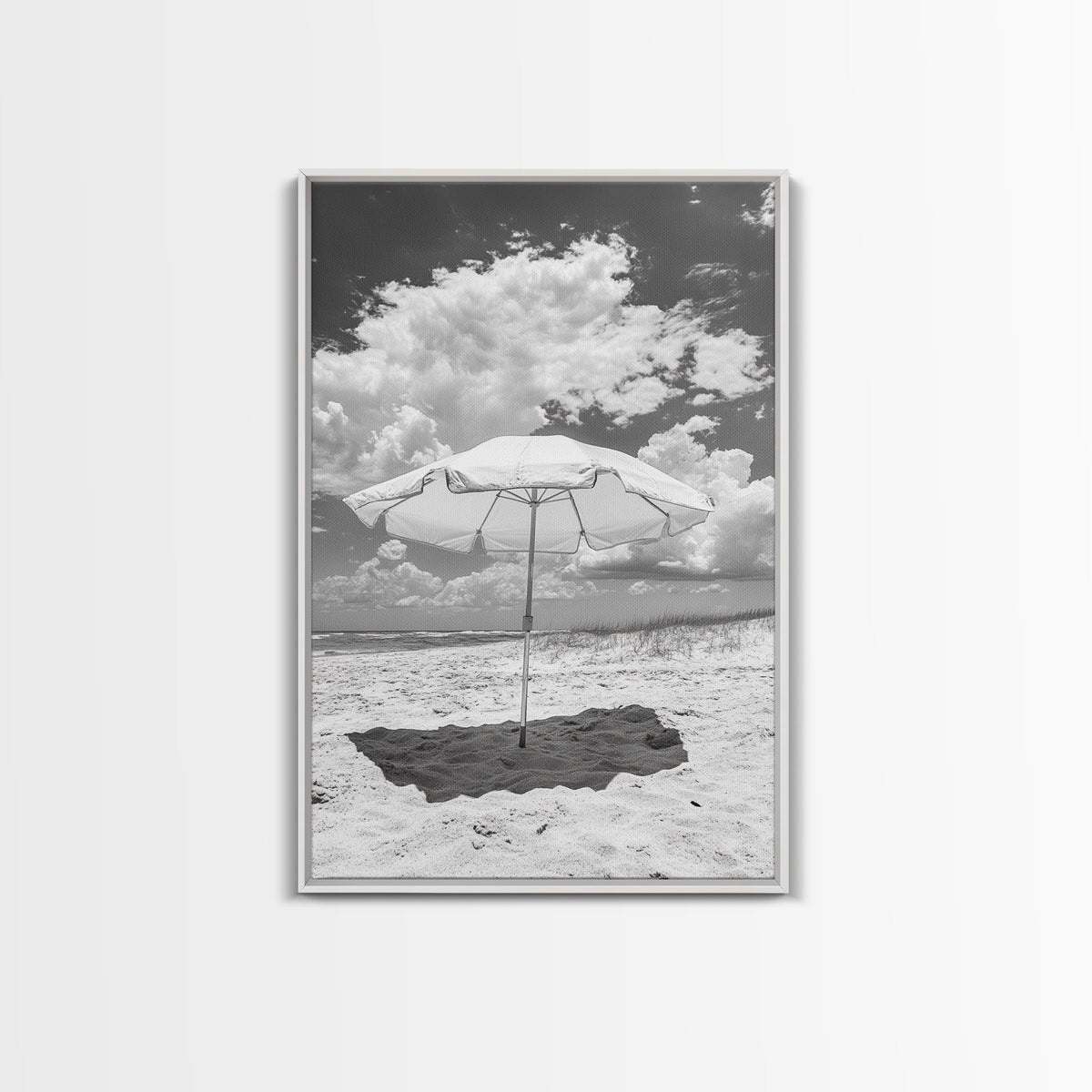 Beach Umbrella, Sunny Escape, Coastal Cloudscape, Framed Canvas Print, Summer Vibe Wall Art, Outdoor Living Decor, Travel Mood