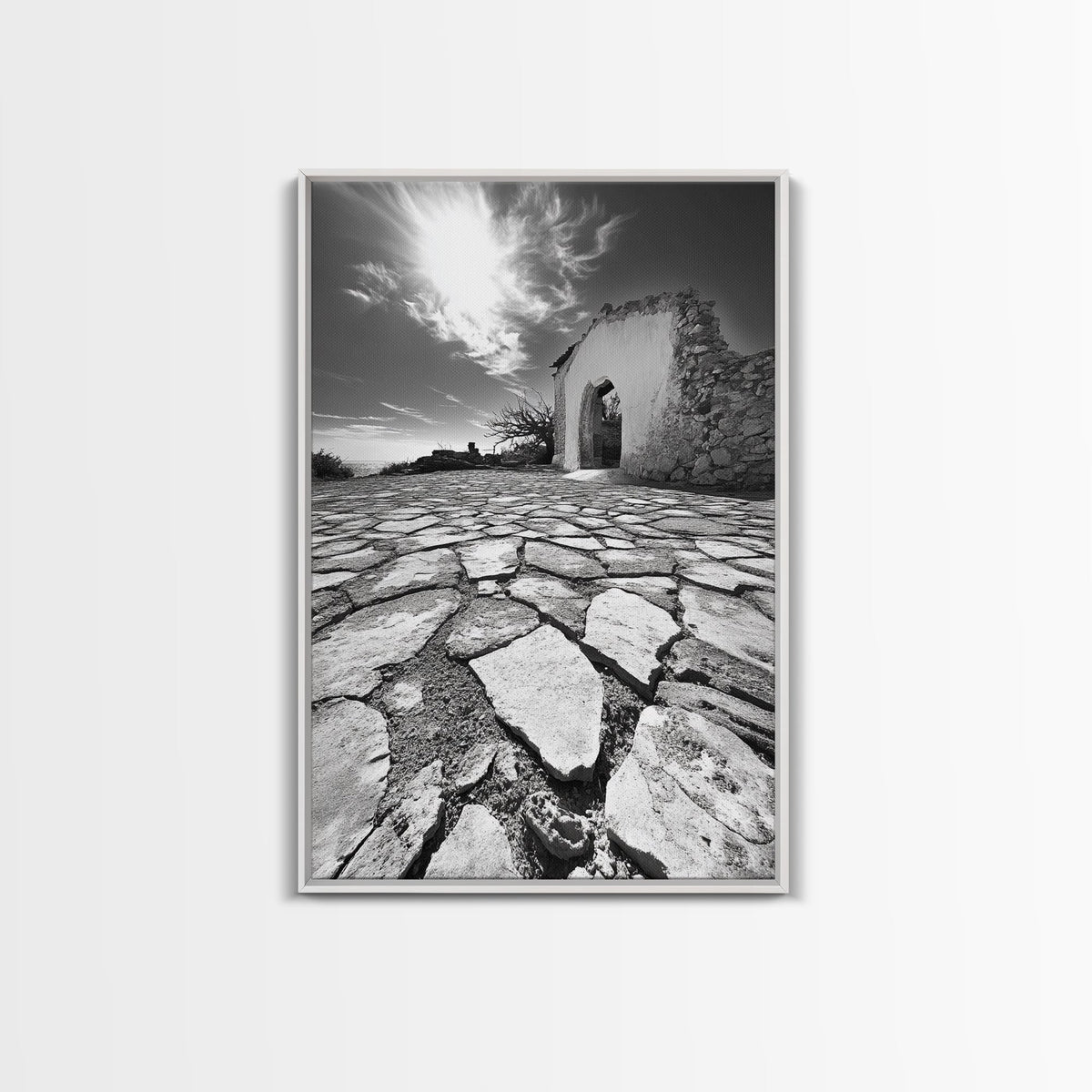 Desert Archway, Stone Ruins, Sunny Sky, Canvas Print, Rustic Travel Wall Art, Mediterranean Decor, Minimalist Earthy Aesthetic