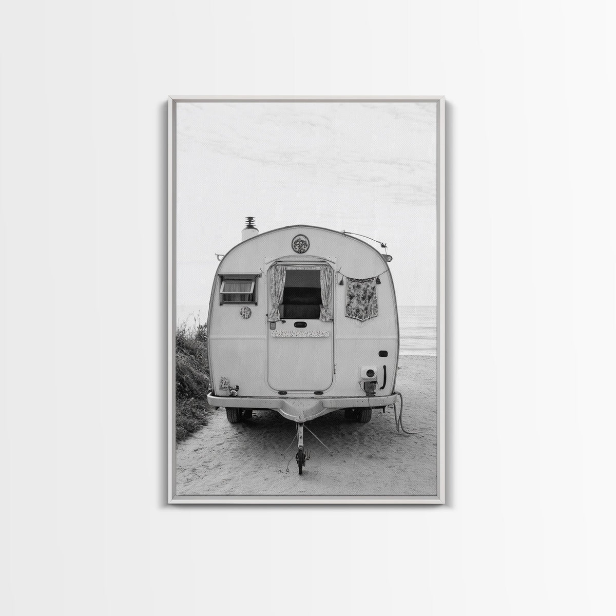 Camper, Vintage, Beach, Boho - Coastal trailer life, Framed Canvas Print, retro decor, great bedroom or travel-inspired office art, black white