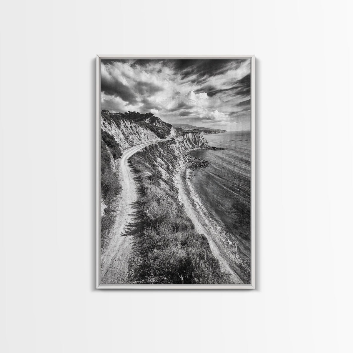 Coastal Mountain Trail, Ocean View, Travel Photography, Framed Canvas Print, Scenic Landscape Art, Office or Hallway Wall Art