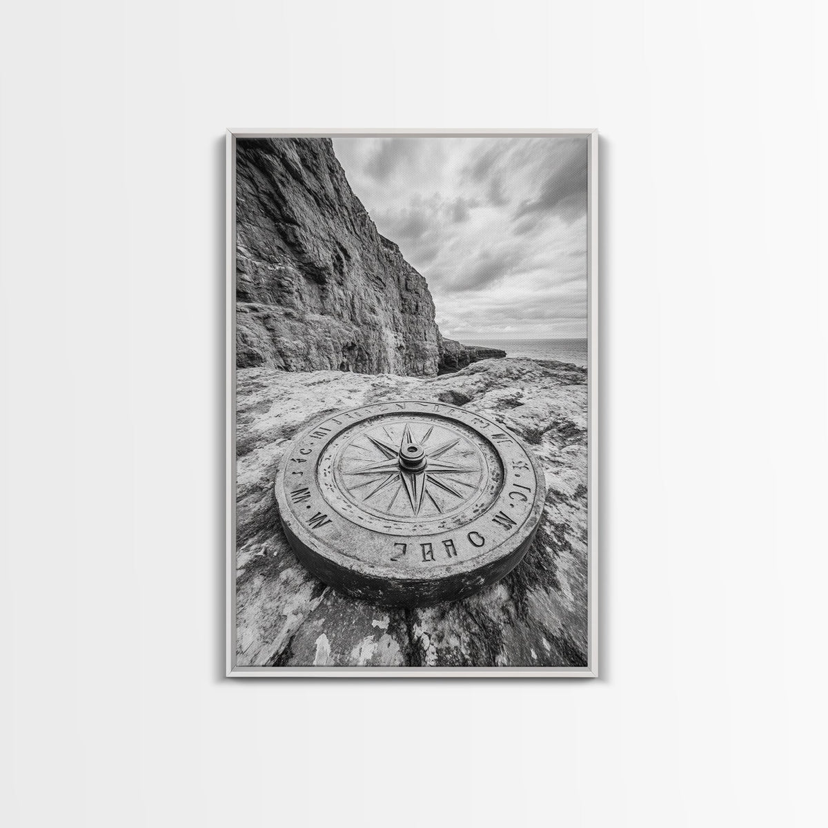 Compass On Cliff, Adventure Travel Art, Nautical Wall Decor, Framed Canvas Print, Rustic Office Art, Nature Explorer Gift Idea