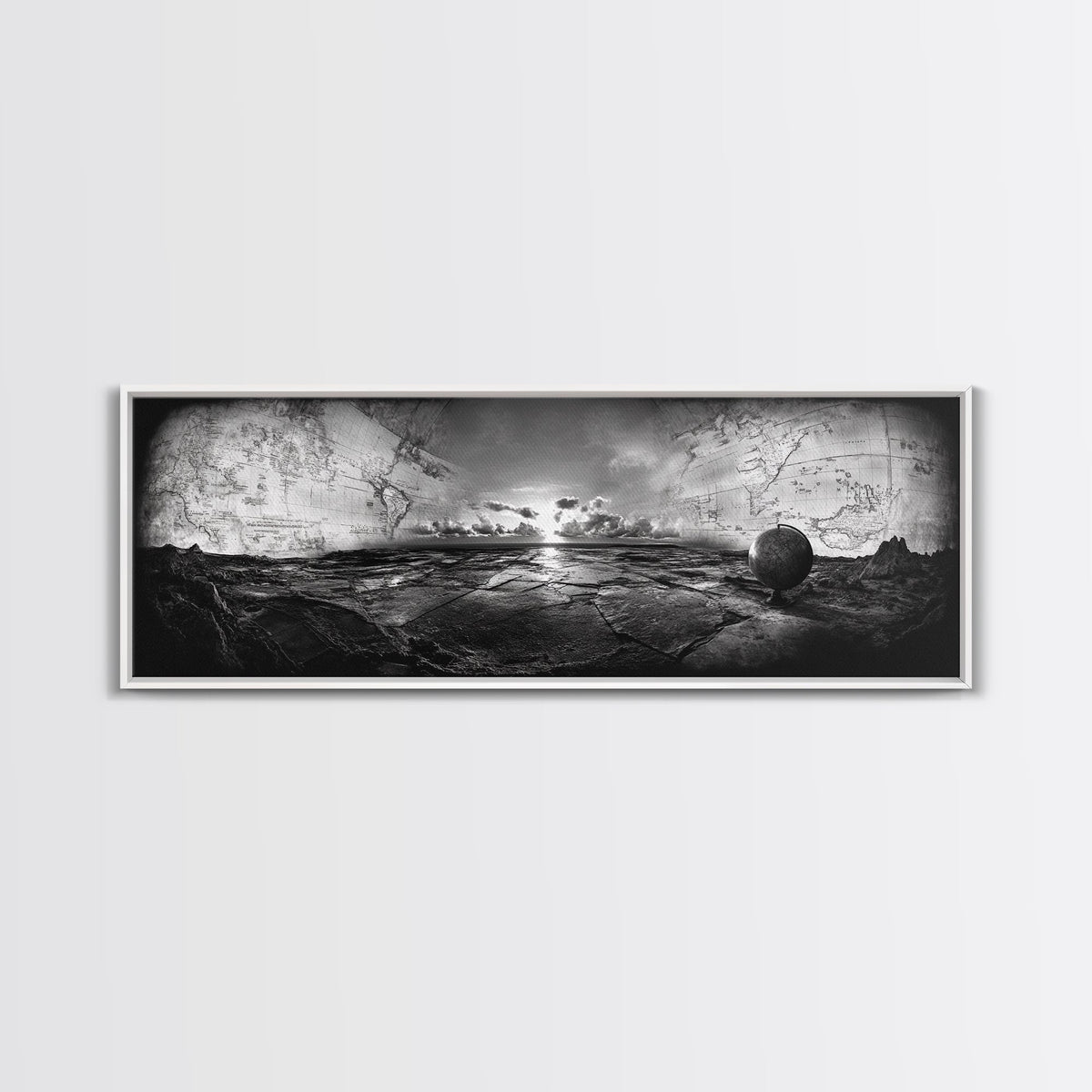 World Map, Globe Horizon, Explorer’s Dream, Canvas Print, Travel Wall Art, Surreal Photography, Study Room Adventure Decor