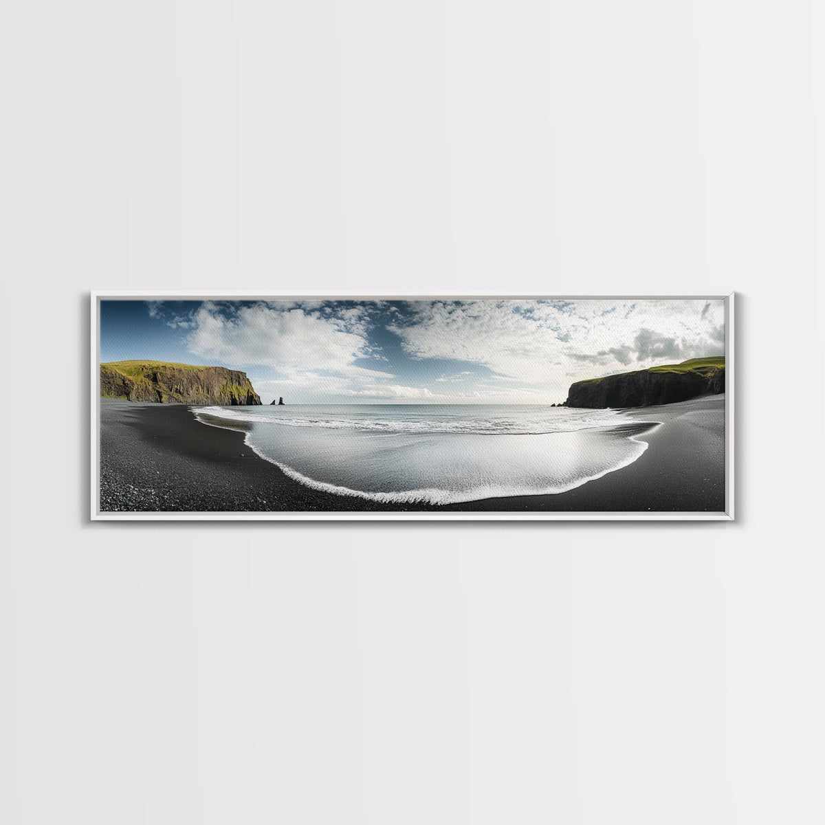 Black Sand Beach, Coastal Cliffs, Ocean Horizon, Icelandic Shore, Framed Canvas Print, Living Room Wall Art, Travel Landscape, Nature Decor