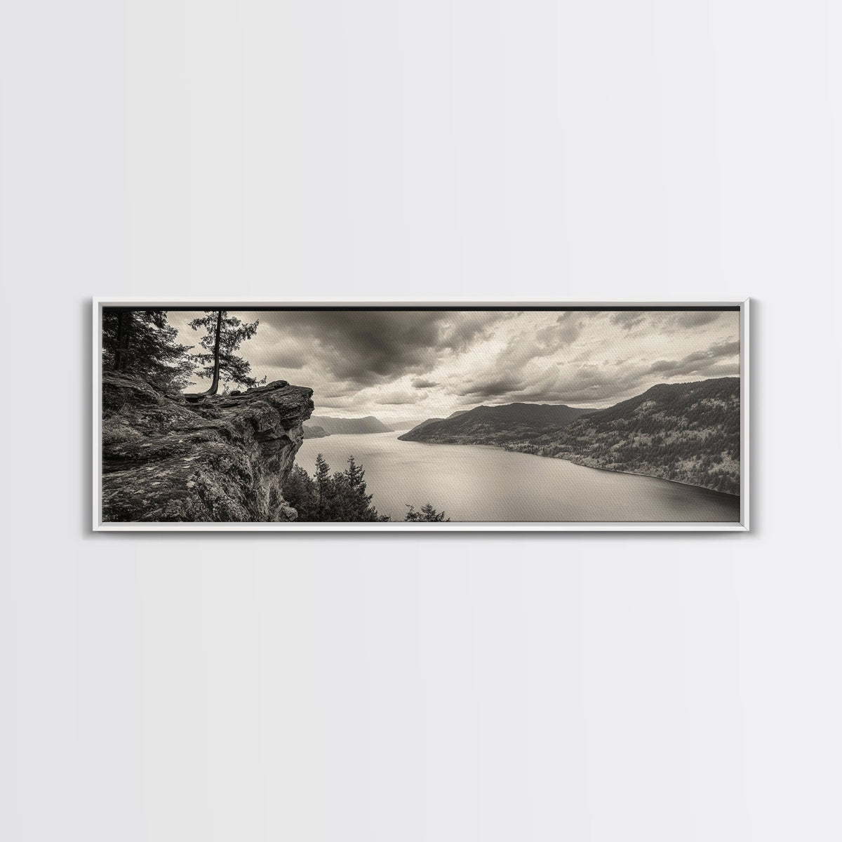 River Cliff View, Forested Mountains, Timeless Horizon, Framed Canvas Print, Living Room Wall Art, Cabin Rustic Decor, Moody Nature Art