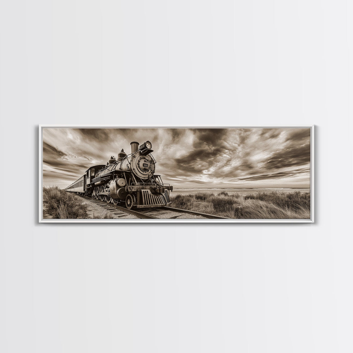 Vintage Train, Desert Steam, Rustic Travel, Western Railroad, Framed Canvas Print, Industrial Decor, Man Cave Wall Art, Rustic Western Art