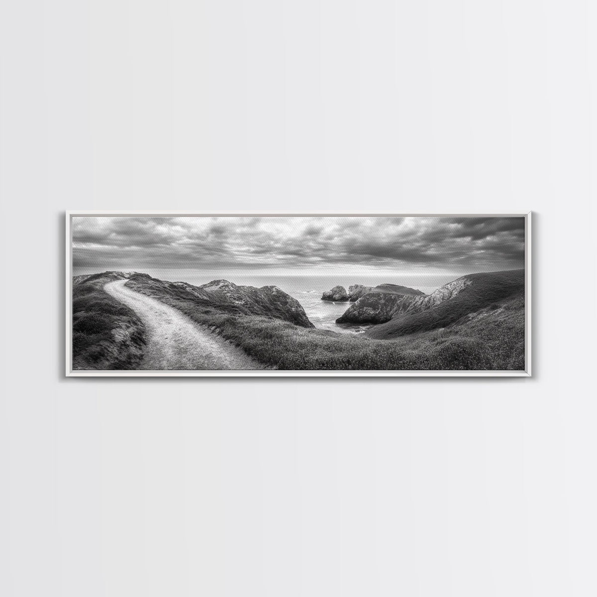 Cliff Path, Sea Escape, Moody Sky, Adventure Trail, Canvas Print, Modern Entryway Wall Art, Travel Photography, Nature Scene