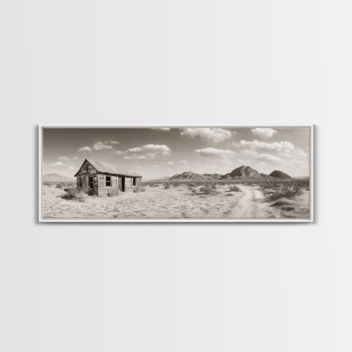 Desert Cabin, Rustic Shack, Western Landscape, Framed Canvas Print, Sepia Wall Art, Office Decor, Vintage Desert Scene