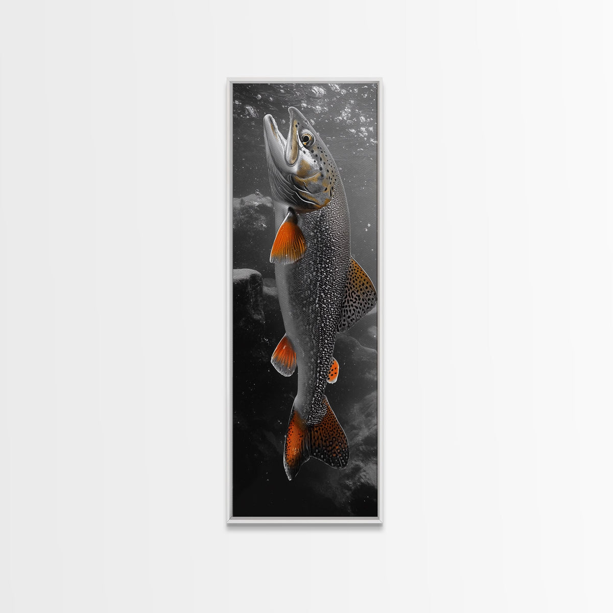 Trout Fishing Print, Underwater Scene, Orange Fins Fish, Rustic Wildlife, Framed Canvas Print, Cabin Decor, Man Cave Wall Art