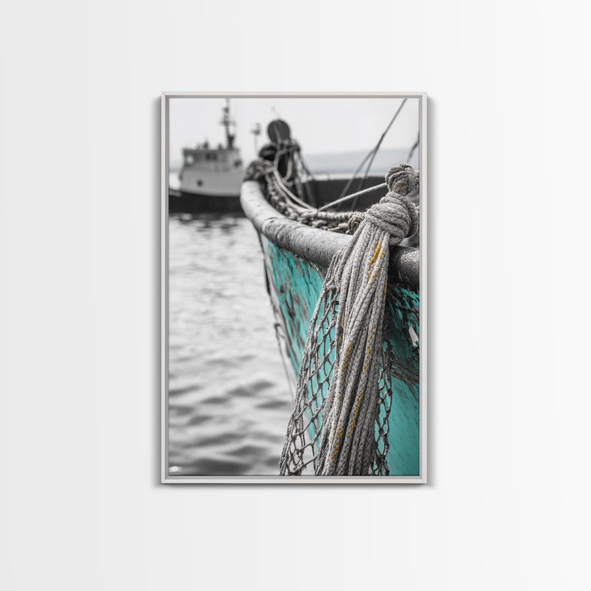 Nautical Texture, Vintage Boat, Rope Detail, Fishing Vessel, Framed Canvas Print, Coastal Wall Art, Rustic Decor, Maritime Photography