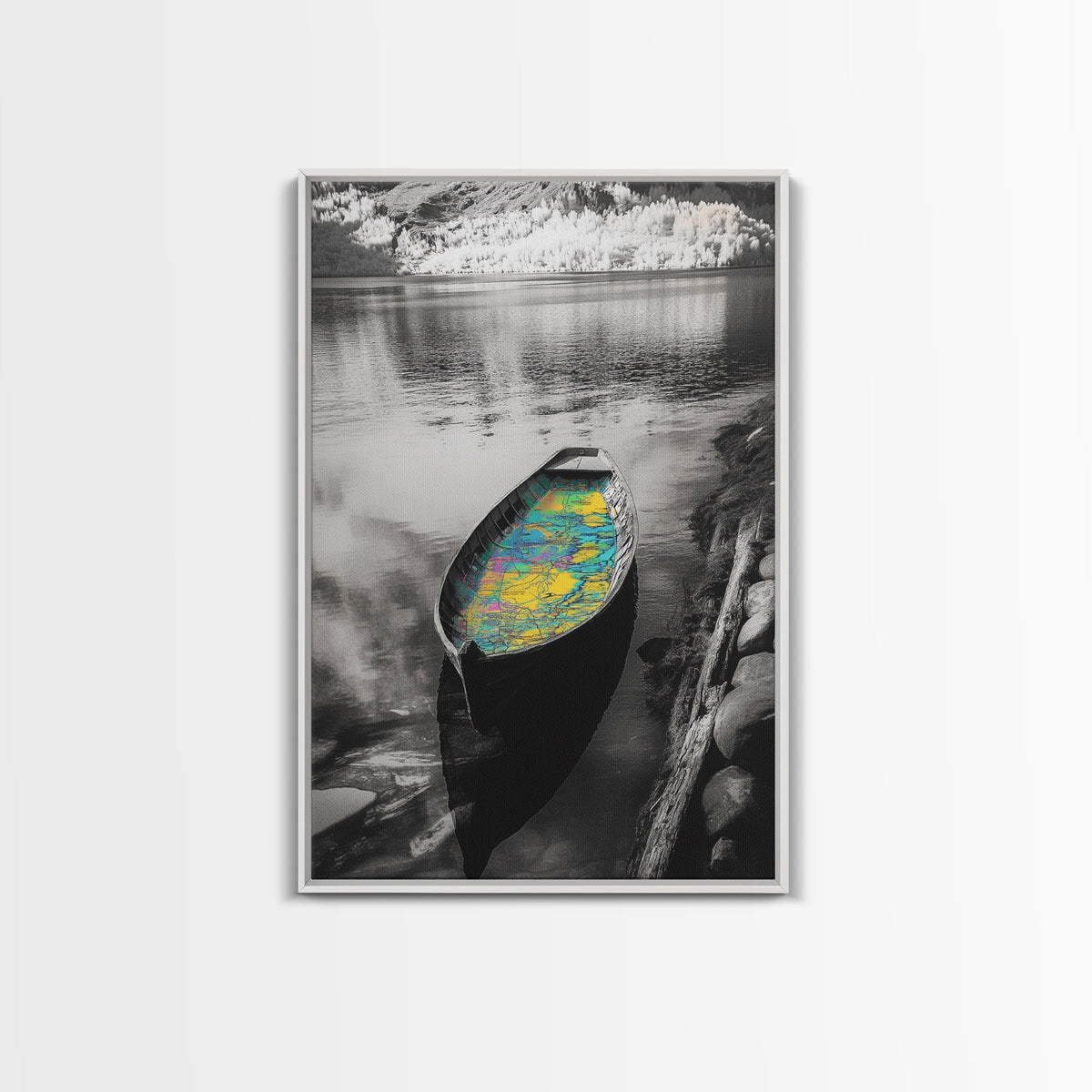 Rowboat Map Interior, Lake Reflections, Artistic Travel Theme, Canvas Print, Cabin Wall Art, Unique Lake House Decor, Explorer Style