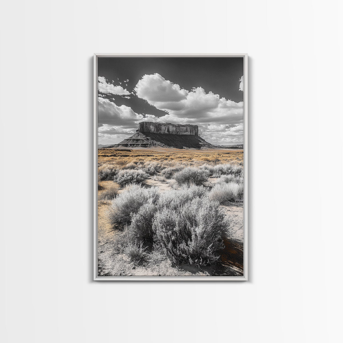 Desert Plateau View, Western Landscape Art, Rustic Nature Decor, Yellow Sagebrush, Framed Canvas Print, Southwestern Living Room Art