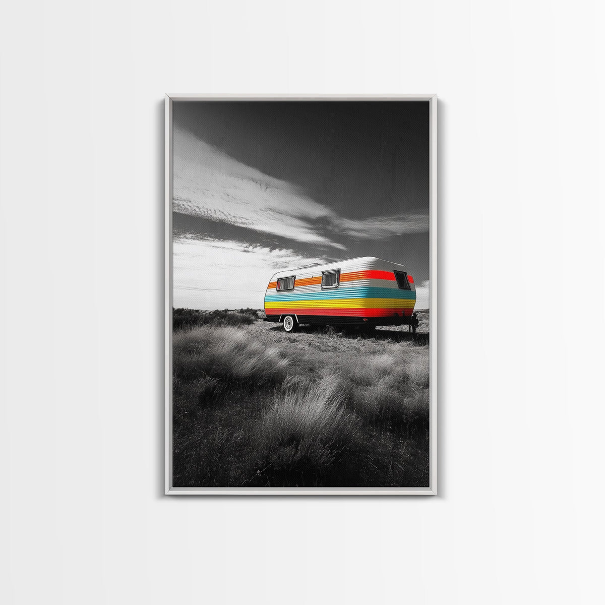 Retro Trailer, Desert Scene, Color Pop Photography, Canvas Print, Vintage Camper Art, Travel Lover Gift, Boho Decor, Office Wall Art