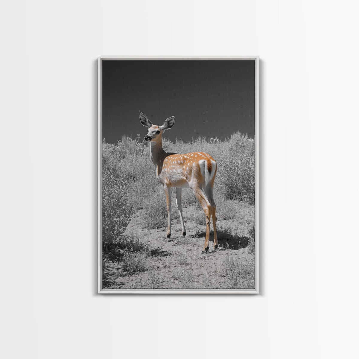 Baby Deer, Spotted Fawn, Desert Wildlife, Framed Canvas Print, Nursery Wall Art, Wildlife Nature Decor, Gentle Forest Animal Art