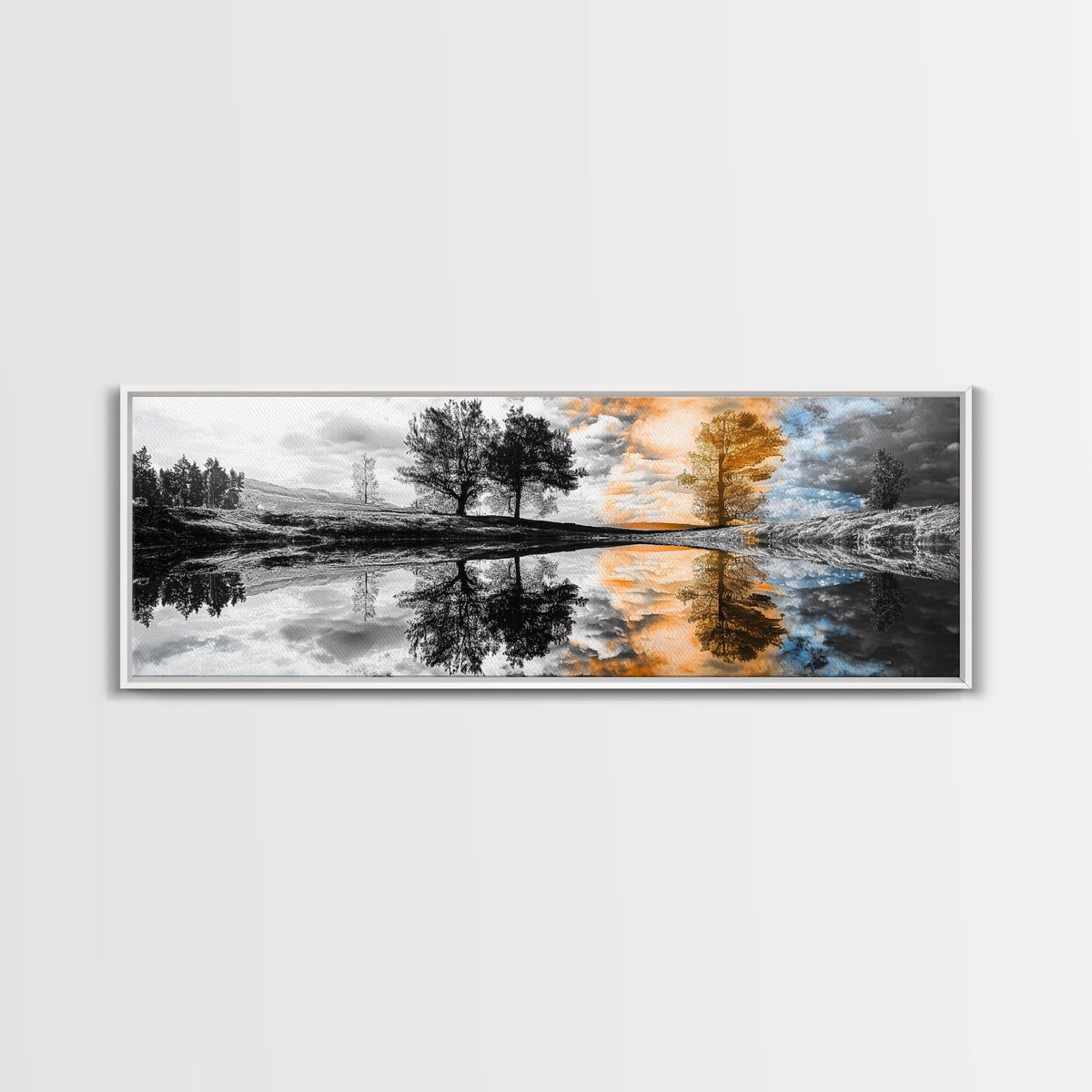 Surreal Reflection, Tree Silhouettes, Split Sky, Framed Canvas Print, trippy landscape art, black and white dreamy wall decor