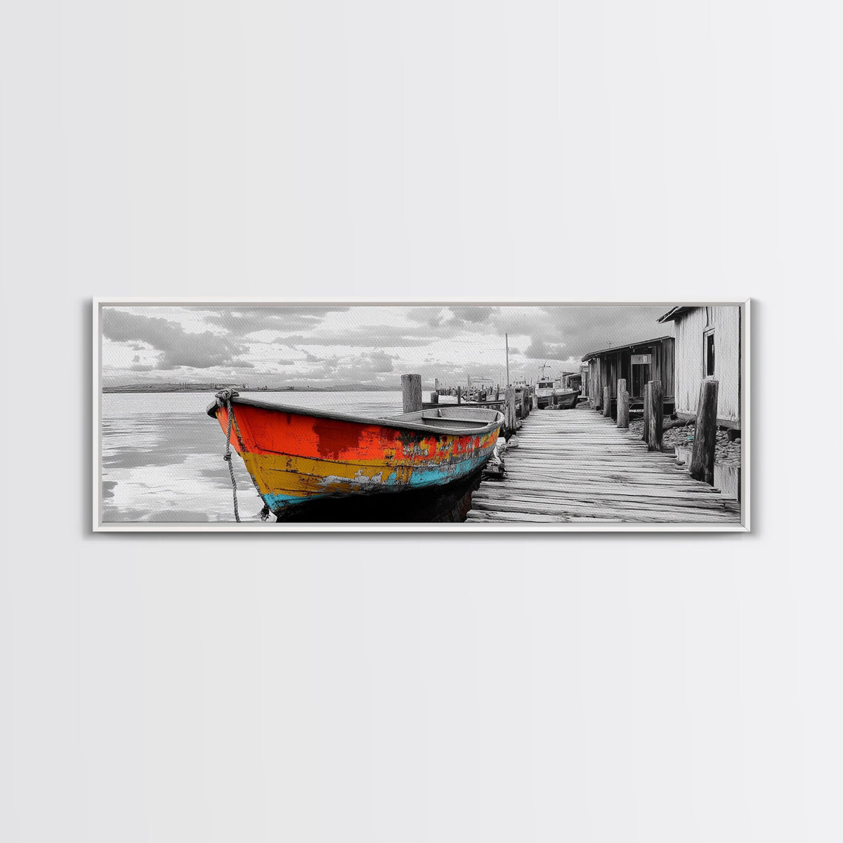 Fishing Boat, Rustic Dock, Weathered Wood, Vintage Vibes, Framed Canvas Print, Seaside Decor, Coastal Wall Art, Lake House Aesthetic