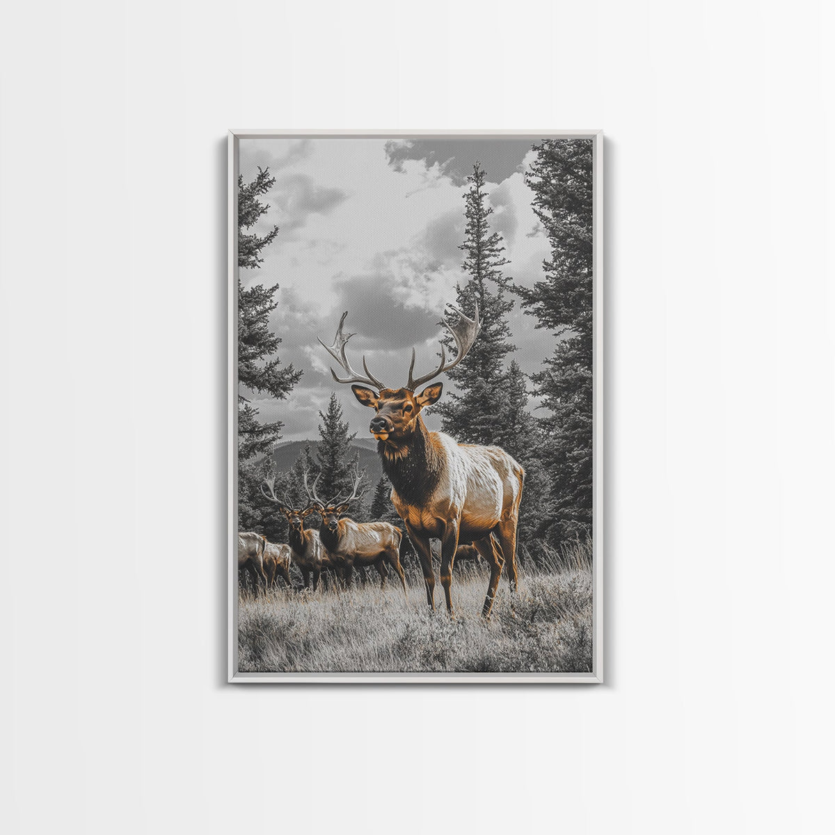 Elk, Forest Wildlife, Rustic Wall Art, Deer Drinking Water in Forest Painting, Cottagecore Wall Art, Nature Art, Canvas Print, Gift Idea