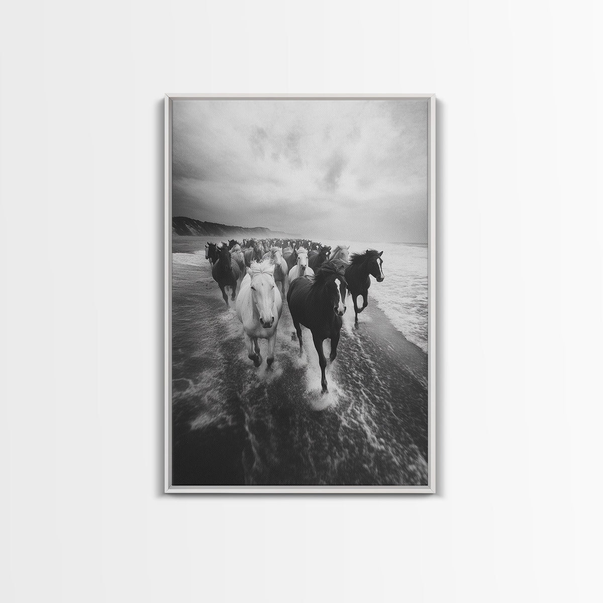 Horse wall art, wild mustangs, moody art, rustic decor, nature photography, black and white art, panoramic art, canvas print, living room art