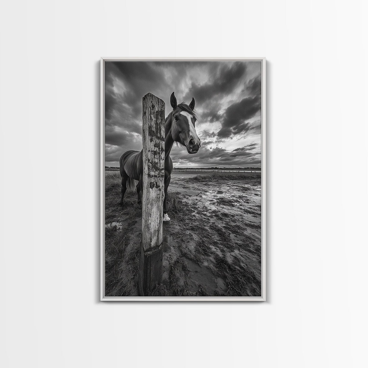 Horse wall art, vintage horse art, rustic decor, black and white photography, moody art, extra wide art, framed canvas print, farmhouse art