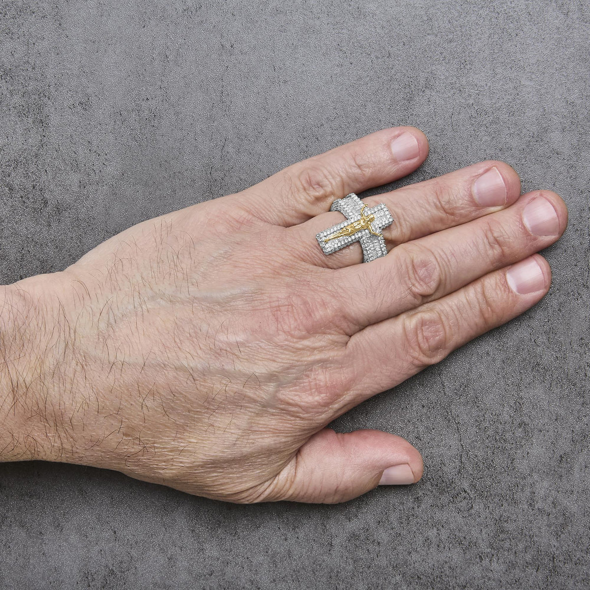 Men's 10K Yellow Gold 5-2/5 Cttw Diamond Jesus Crucifix Cross Cocktail Ring