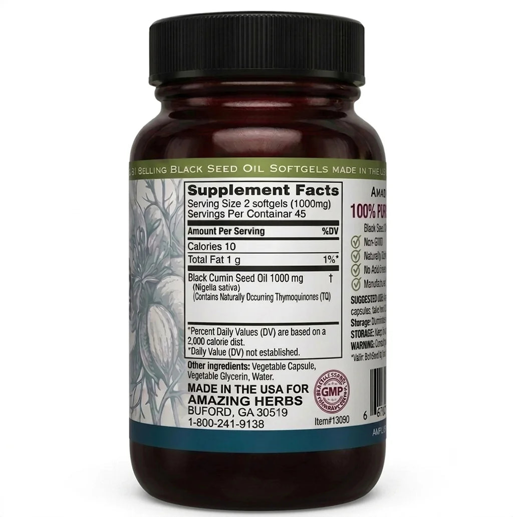 Amazing Herbs Black Seed Black Cumin Seed Oil, 90 Softgels (Case of 3)