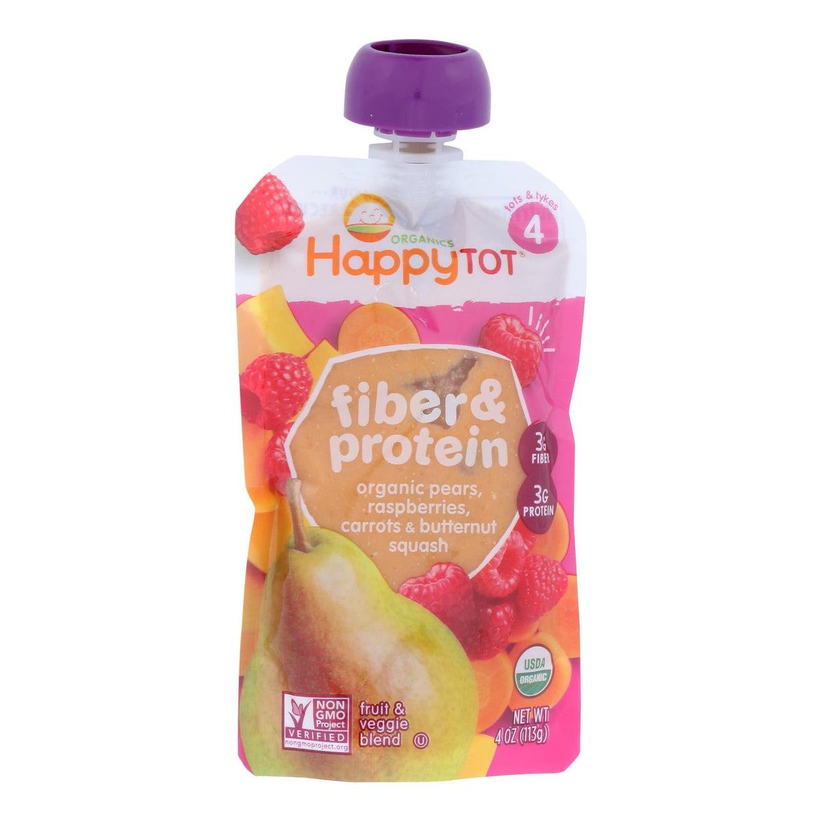 Happy Tot Organic Fiber & Protein Stage 4 Pear, Raspberry, Butternut Squash & Carrot, 4 oz (Case of 16)