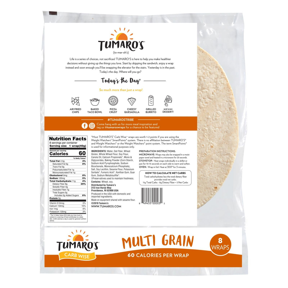 Tumaro's 8 Inch Multi Grain Carb Wise Wraps, 8 ct (Case of 6)