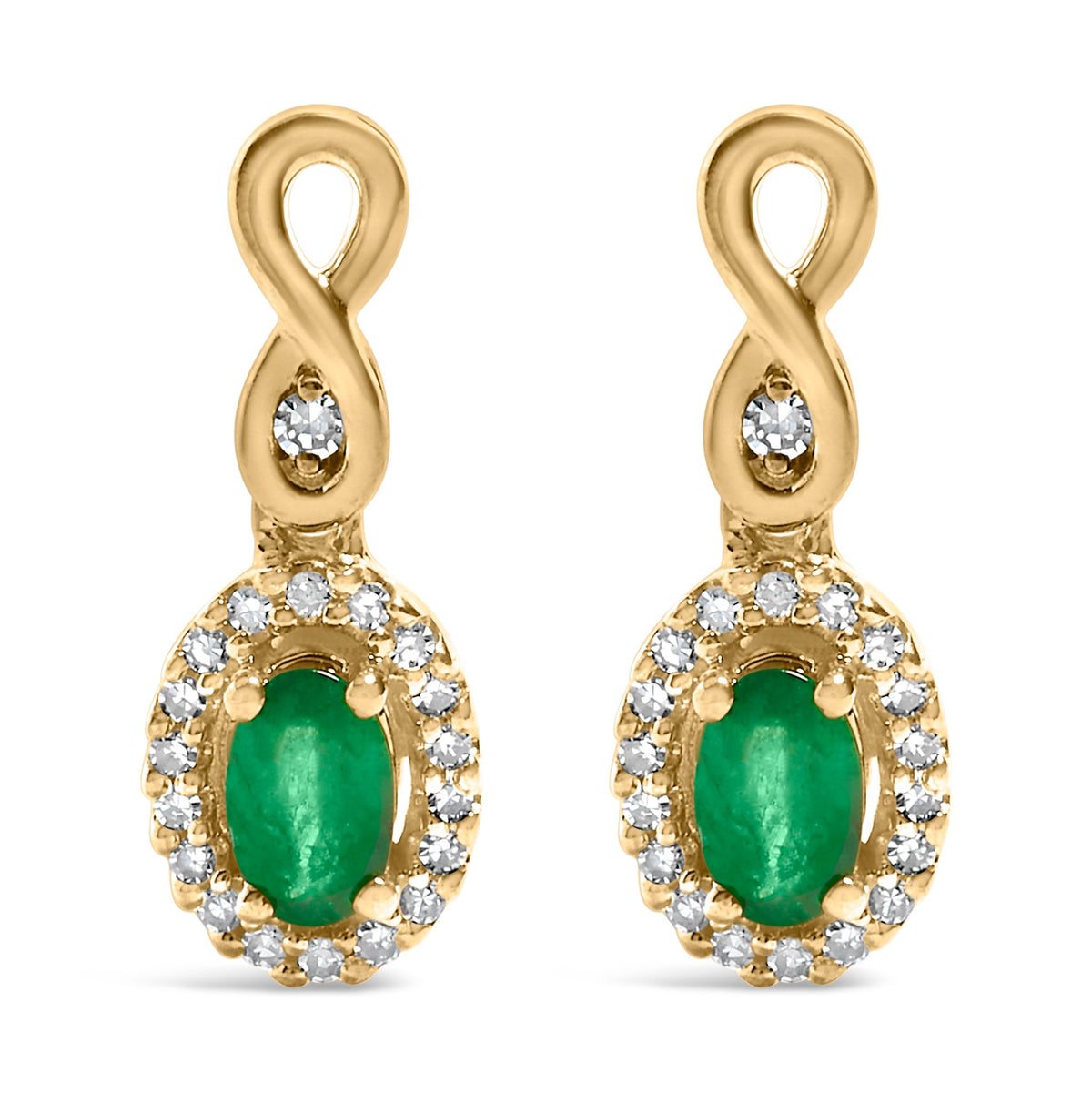 10K Yellow Gold Oval Cut Green Emerald 5x3 mm and 1/7 Cttw Round Diamond Dangle Earrings