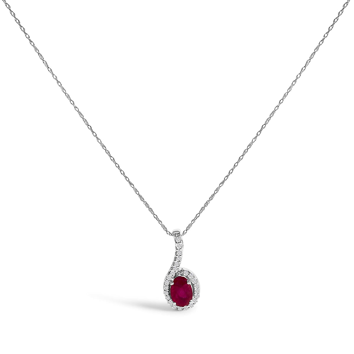 10K White Gold Red Ruby and Diamond Accent Teardrop Pendant Necklace - 18" Inches