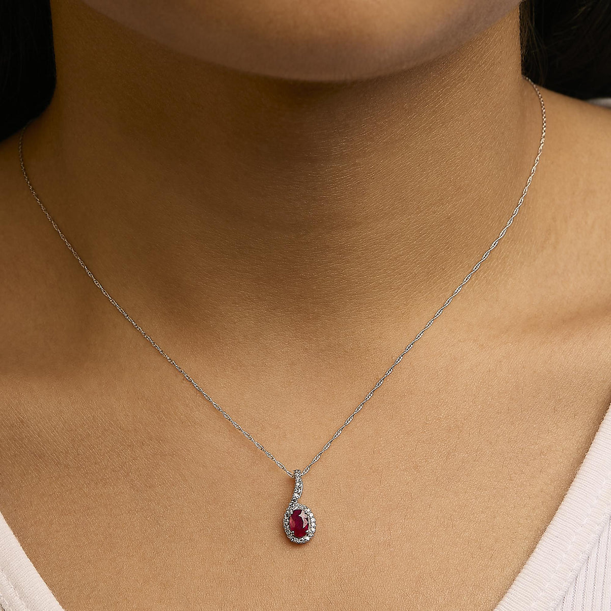 10K White Gold Red Ruby and Diamond Accent Teardrop Pendant Necklace - 18" Inches