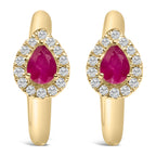 10K Yellow Gold Pear Cut Red Ruby 4x3 mm and 1/10 Cttw Round Diamond Huggy Earrings (I-J Color, I1-I2 Clarity)