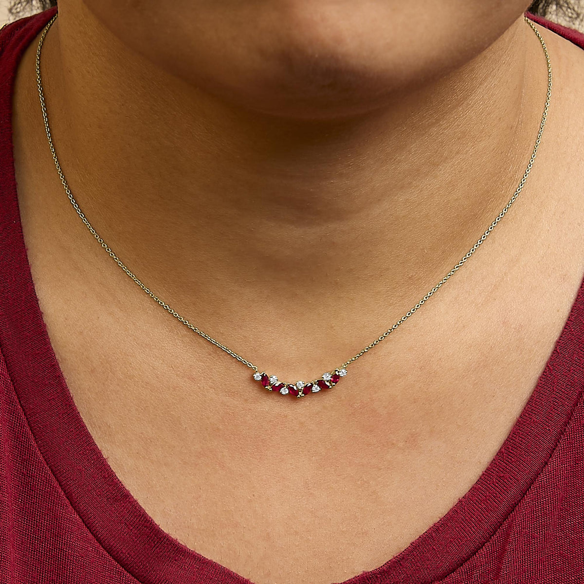 14K Yellow Gold Red Ruby and Diamond Trio Bar Line Necklace (I-J Color, SI2-I1 Clarity) - 18 inch