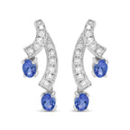 14K White Gold 4x3MM Oval Shaped Natural Blue Tanzanite Gemstone and 1/5 Cttw Diamond Double 3/4" Inch Drop Stud Earrings (H-I Color, VS1-VS2 Clarity)