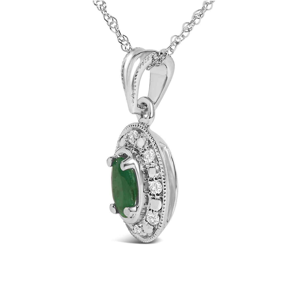 14K White Gold Oval Green Emerald and Diamond Halo Pendant Necklace - 18" Inches