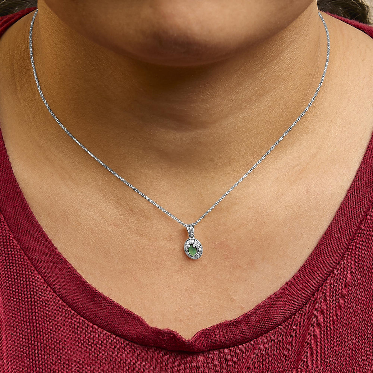14K White Gold Oval Green Emerald and Diamond Halo Pendant Necklace - 18" Inches