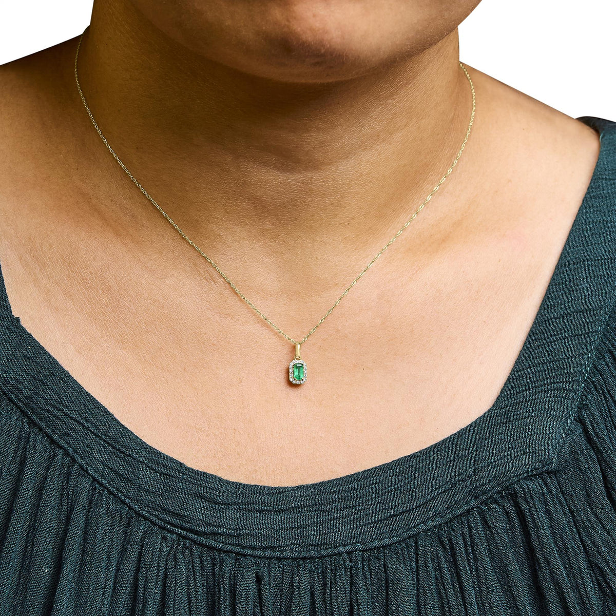 10K Yellow Gold 5x3mm Green Emerald and Diamond Accent Halo Octagonal Shape 18" Pendant Necklace (I-J Color, I1-I2 Clarity)