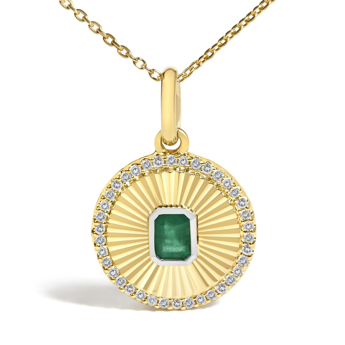10K Yellow Gold 4x3 MM Emerald and 1/10 Cttw Diamond Circle Fluted Medallion Pendant Necklace