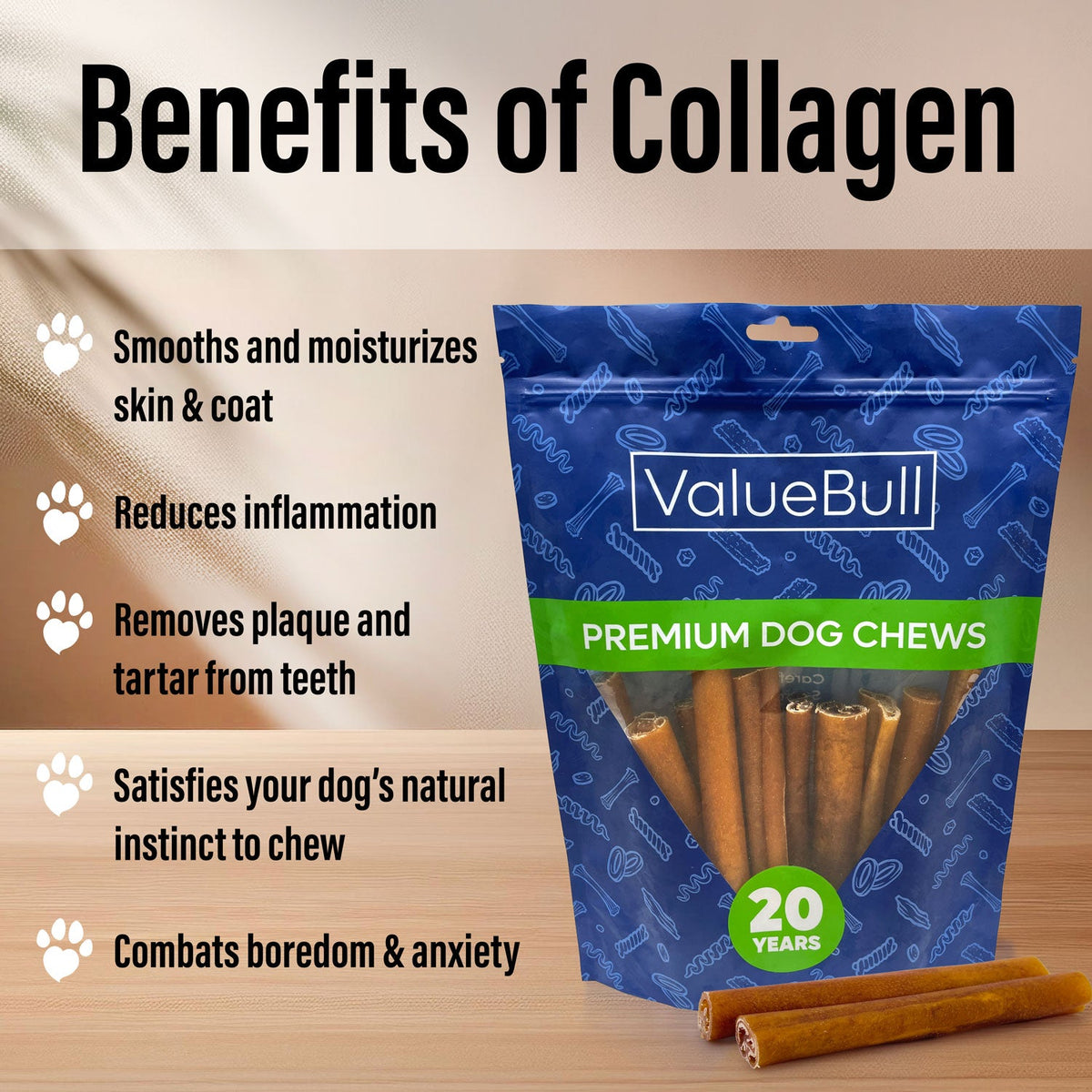 ValueBull Buffalo Collagen Sticks for Dogs, 6 Inch Jumbo Chew, 25 Count