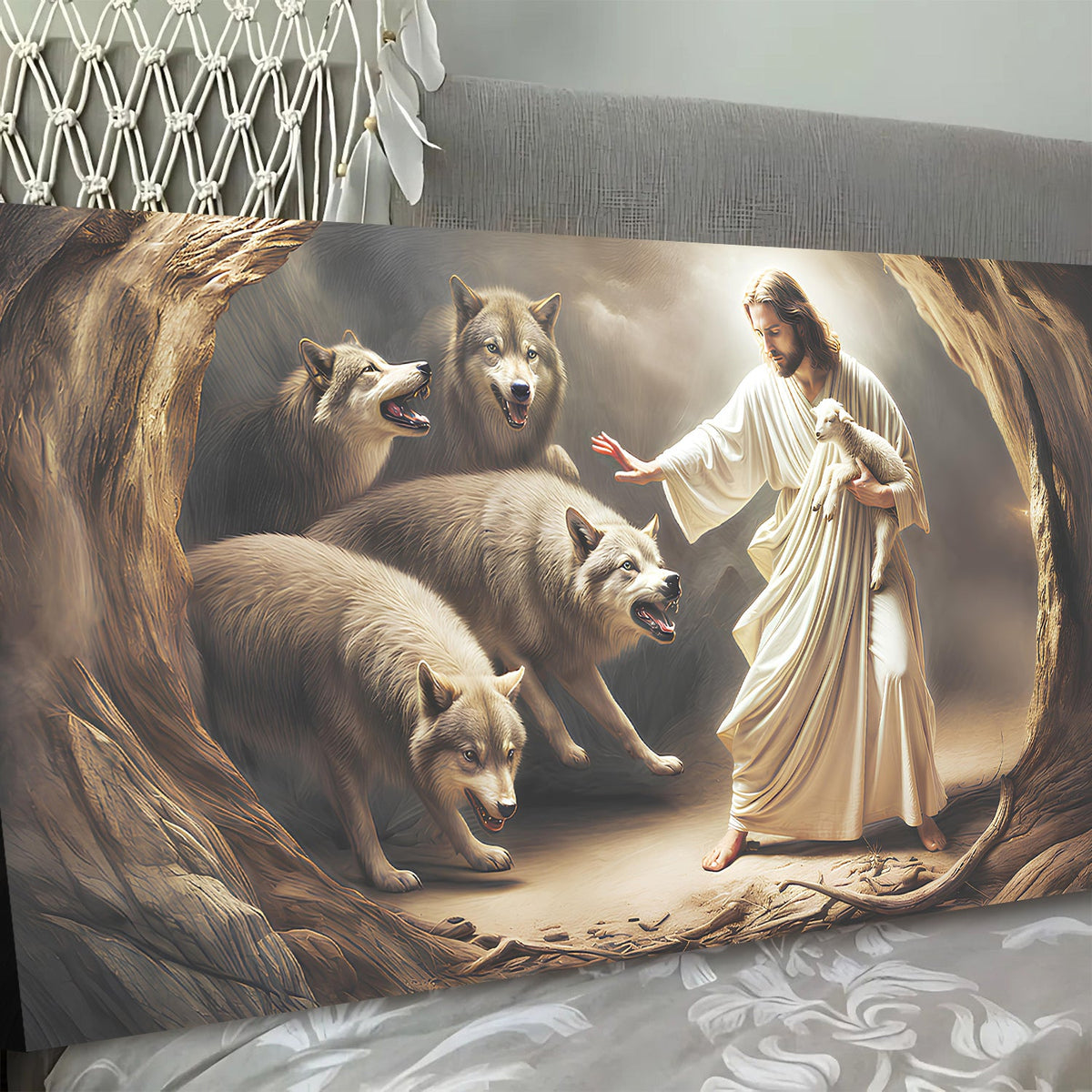 Jesus Protects The Lamb From Wolves Faith Wall Art III